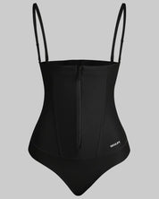 Black swimsuit with thin straps on a white background