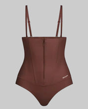Brown swimsuit with thin straps on a white background