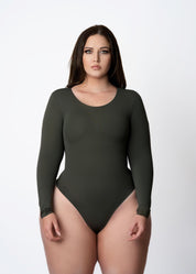 SKULPT Long Sleeve Bodysuit in Ivy – crew neck shapewear bodysuit