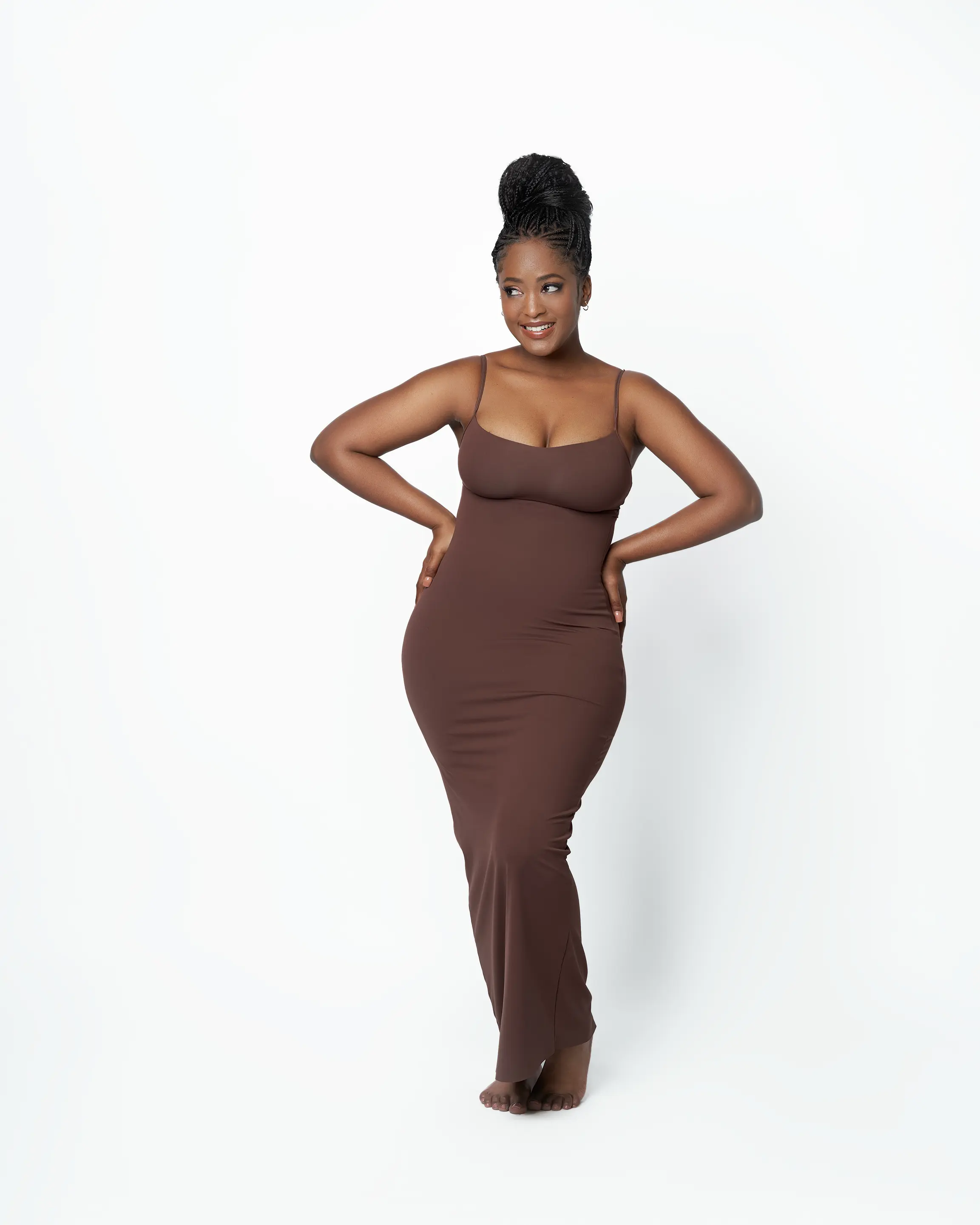 SKULPT Long Slip Dress in Umber – double-lined sculpting slip dress